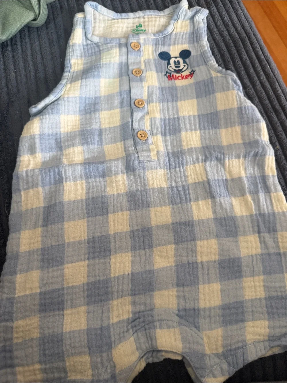 Disney Light Blue & White Plaid Mickey Embroidered Baby Romper